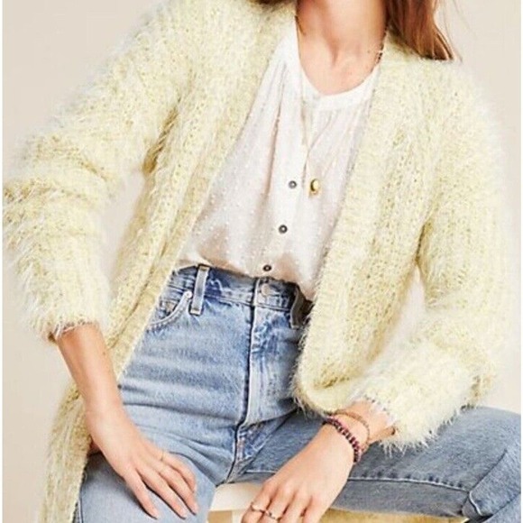 Anthropologie Yellow Larkin Shimmer Long Fuzzy Cardigan Sweater Size XS - Picture 1 of 5